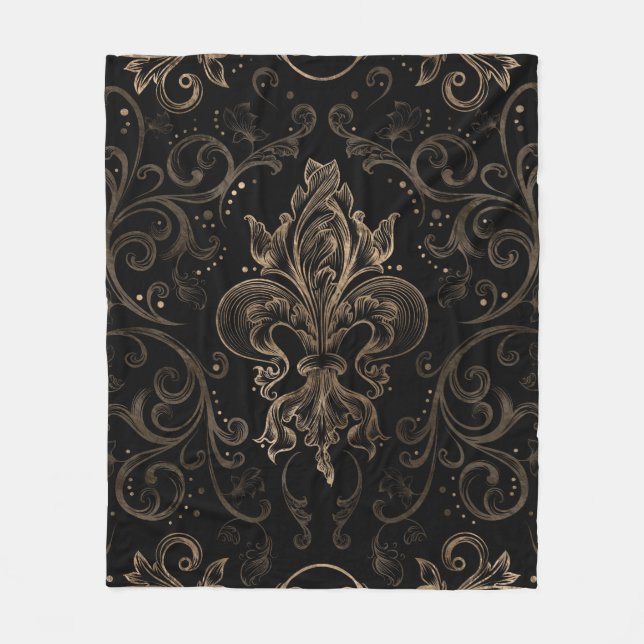Fleur-de-lis ornament Black and Gold Fleece Blanket (Front)