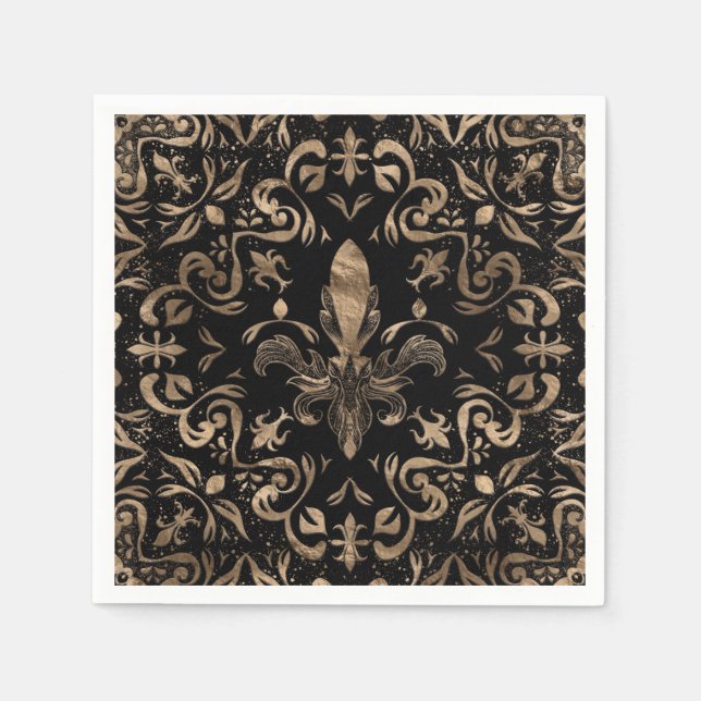 Fleur-de-lis ornament Black and Gold Napkins (Front)