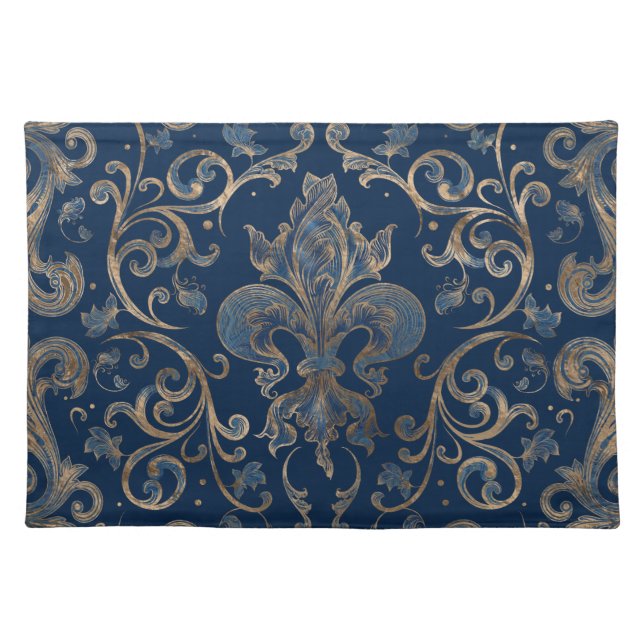 Fleur-de-lis ornament Blue Marble and Gold Cloth Placemat (Front)