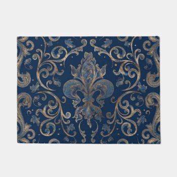 Fleur-de-lis Ornament Blue Marble And Gold Doormat by LoveMalinois at Zazzle