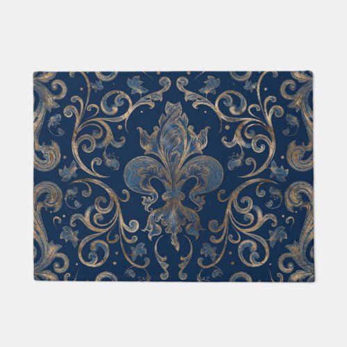 Fleur_de_lis ornament Blue Marble and Gold Doormat