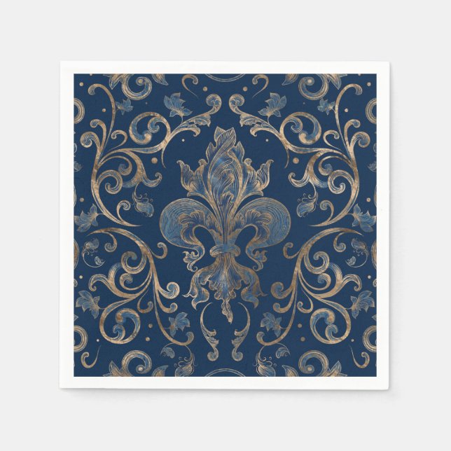 Fleur-de-lis ornament Blue Marble and Gold Napkins (Front)