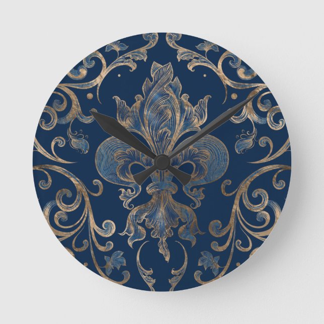 Fleur-de-lis ornament Blue Marble and Gold Round Clock (Front)