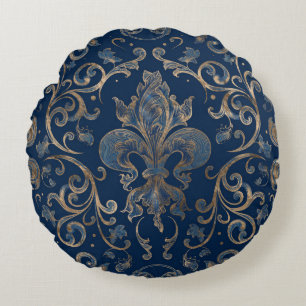Fleur-de-lis ornament Blue Marble and Gold Round Pillow