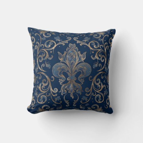 Fleur_de_lis ornament Blue Marble and Gold Throw Pillow