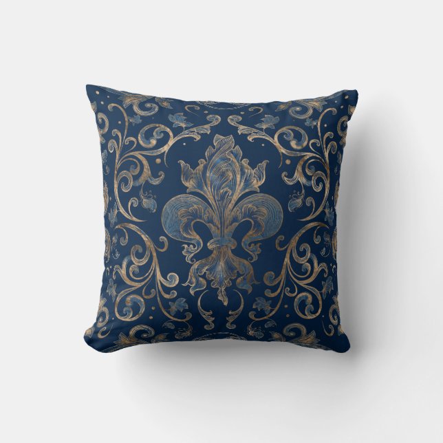 Fleur-de-lis ornament Blue Marble and Gold Throw Pillow (Front)