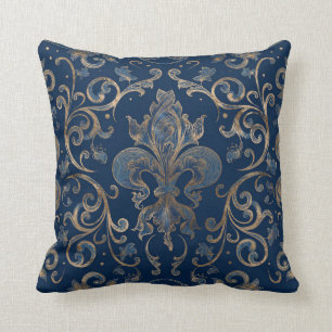 Fleur-de-lis ornament Blue Marble and Gold Throw Pillow