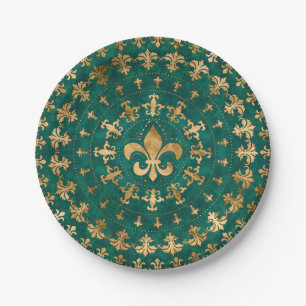 Fleur-de-lis ornament Emerald Green Paper Plates