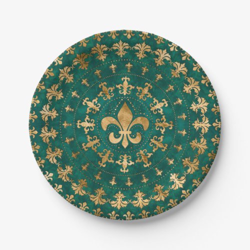 Fleur_de_lis ornament Emerald Green Paper Plates