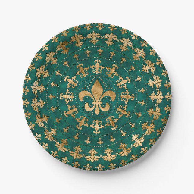 Fleur-de-lis ornament Emerald Green Paper Plates (Front)