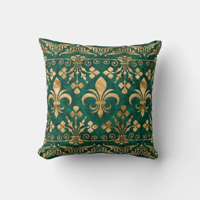 Fleur-de-lis ornament Emerald Green Throw Pillow (Front)