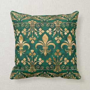 Fleur-de-lis ornament Emerald Green Throw Pillow
