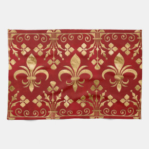 Fleur-de-lis ornament Luxury Red Kitchen Towel