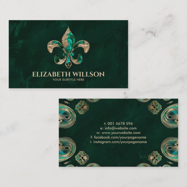 Fleur-de-lis Ornament Malachite and gold Business Card (Front/Back)