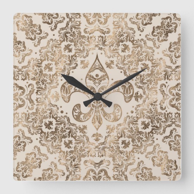 Fleur-de-lis Ornament - pastel gold Square Wall Clock (Front)