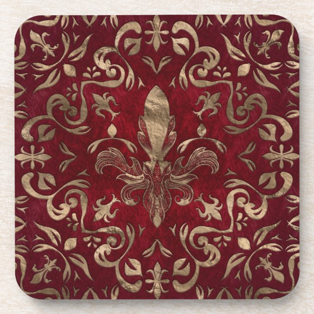 Fleur-de-lis ornament Red and Gold Beverage Coaster (Front)