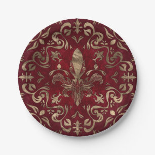 Fleur-de-lis ornament Red and Gold Paper Plates