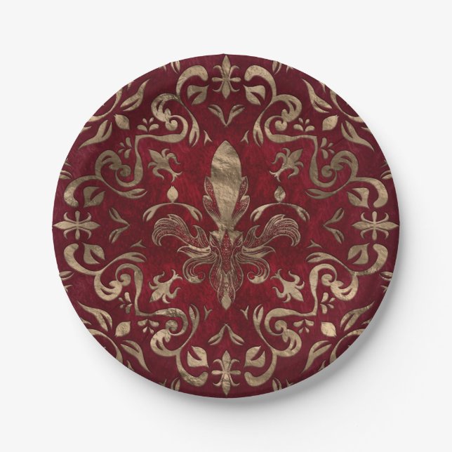 Fleur-de-lis ornament Red and Gold Paper Plates (Front)