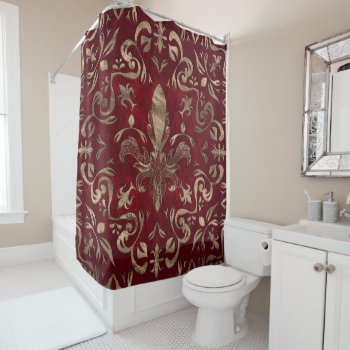 Fleur-de-lis Ornament Red And Gold Shower Curtain by LoveMalinois at Zazzle
