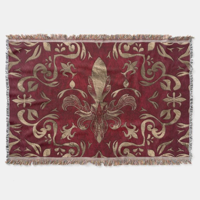 Fleur-de-lis ornament Red and Gold Throw Blanket (Front)