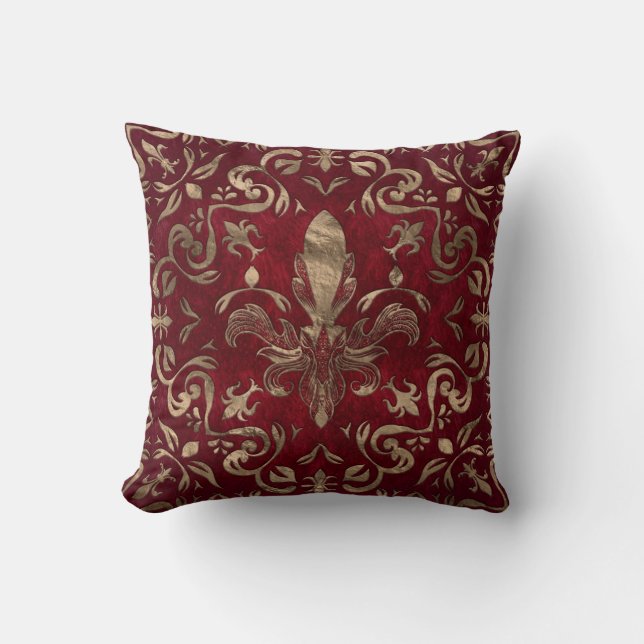 Fleur-de-lis ornament Red and Gold Throw Pillow (Front)