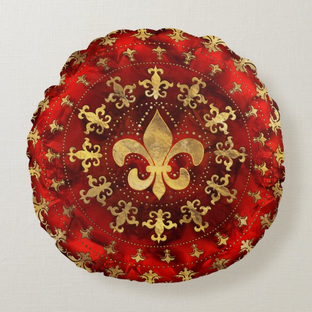 Fleur-de-lis ornament Red Marble and Gold Round Pillow (Front)