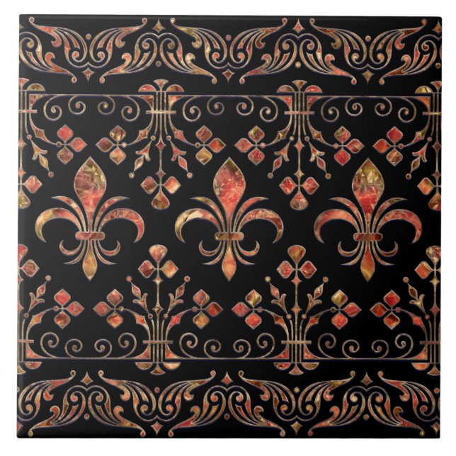 Fleur-de-lis ornament Red marble Ceramic Tile (Front)