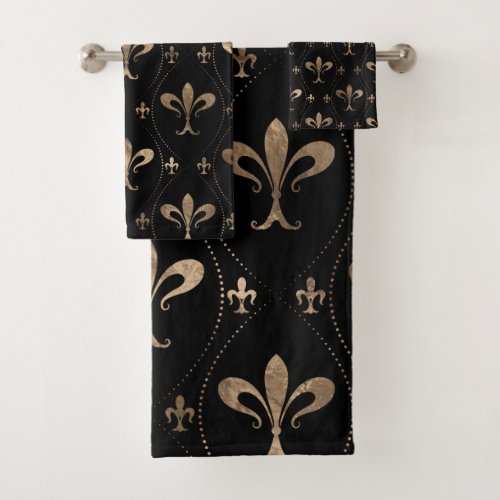 Fleur_de_lis pattern black and gold bath towel set
