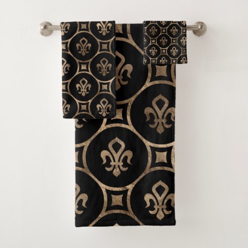 Fleur_de_lis pattern _ Black and Gold Bath Towel Set