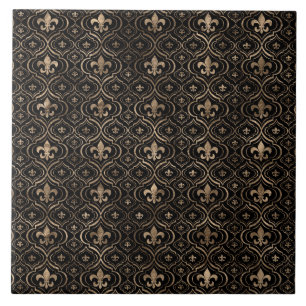 Fleur-de-lis pattern black and gold ceramic tile