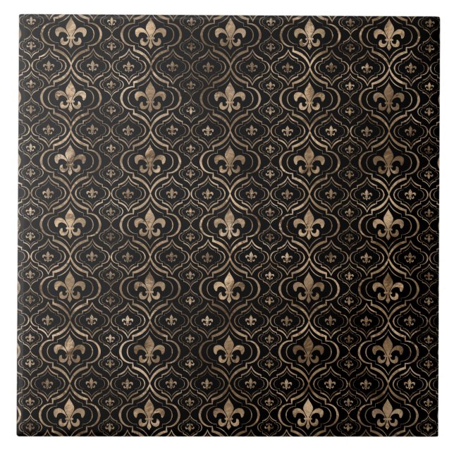 Fleur-de-lis pattern black and gold ceramic tile (Front)