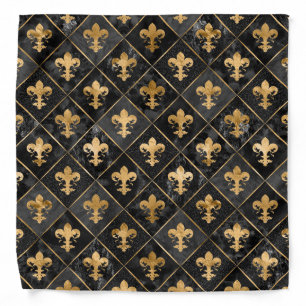 Fleur-de-lis pattern Black Marble and Gold Bandana