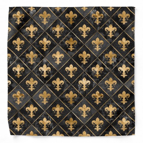 Fleur_de_lis pattern Black Marble and Gold Bandana