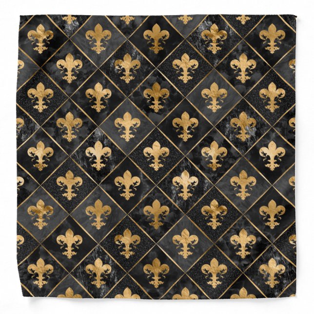 Fleur-de-lis pattern Black Marble and Gold Bandana (Front)