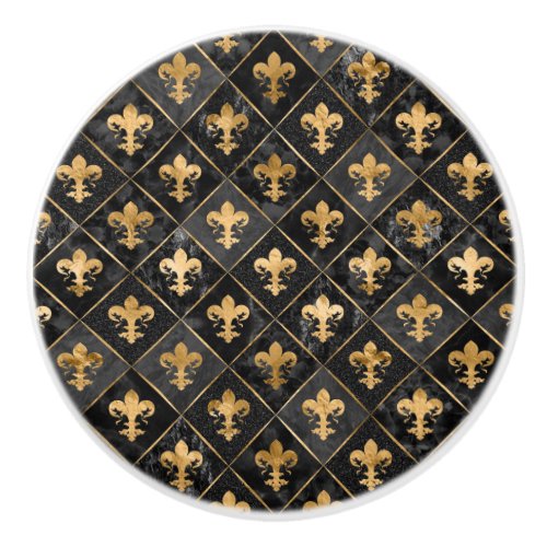 Fleur_de_lis pattern Black Marble and Gold Ceramic Knob