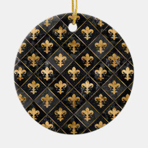 Fleur-de-lis pattern Black Marble and Gold Ceramic Ornament