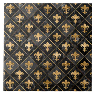 Fleur-de-lis pattern Black Marble and Gold Ceramic Tile