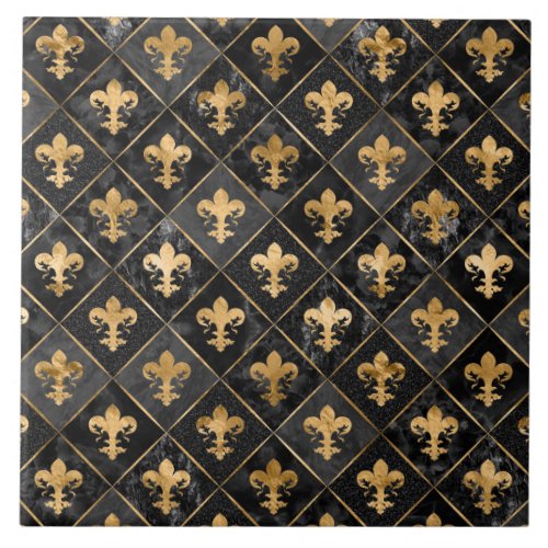 Fleur_de_lis pattern Black Marble and Gold Ceramic Tile
