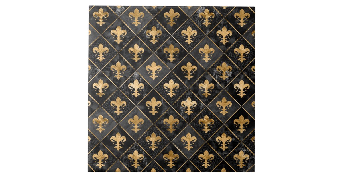Fleur-de-lis pattern Black Marble and Gold Ceramic Tile | Zazzle