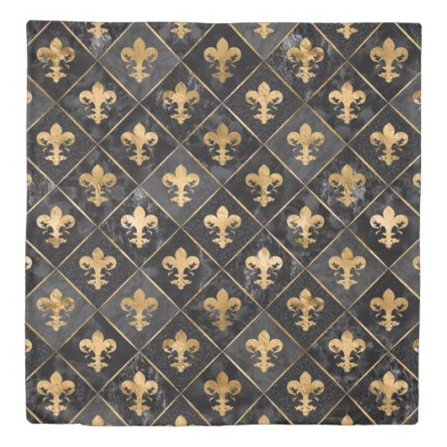 Fleur_de_lis pattern Black Marble and Gold Duvet Cover