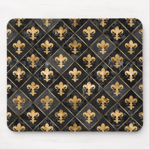 Fleur_de_lis pattern Black Marble and Gold Mouse Pad