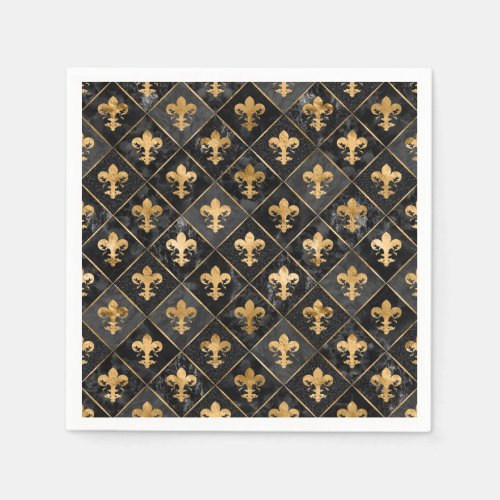 Fleur_de_lis pattern Black Marble and Gold Napkins
