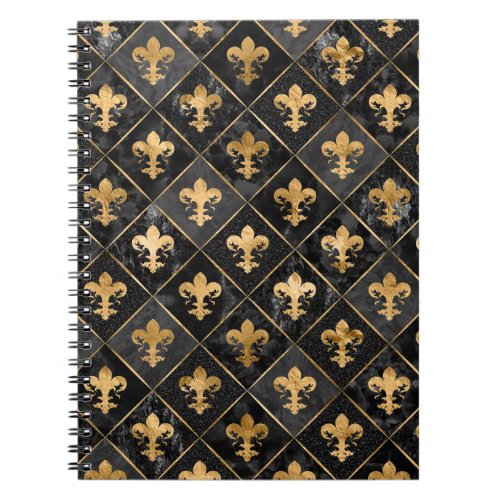 Fleur_de_lis pattern Black Marble and Gold Notebook