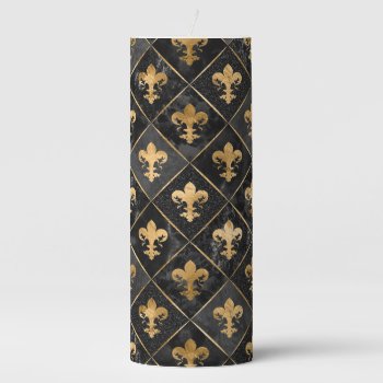 Fleur-de-lis Pattern Black Marble And Gold Pillar Candle by LoveMalinois at Zazzle