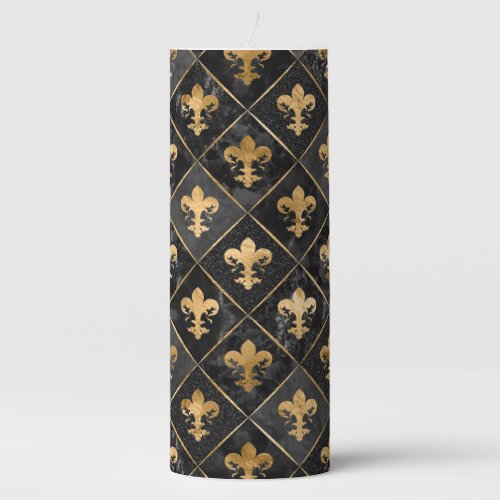 Fleur_de_lis pattern Black Marble and Gold Pillar Candle