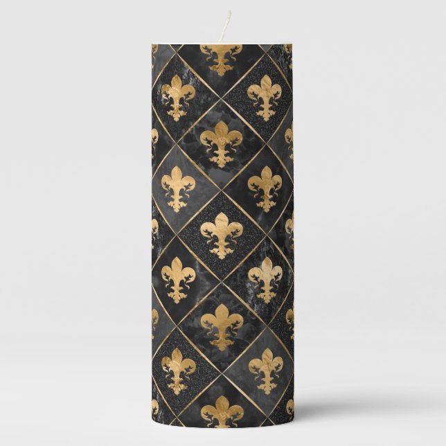 Fleur-de-lis pattern Black Marble and Gold Pillar Candle (Front)