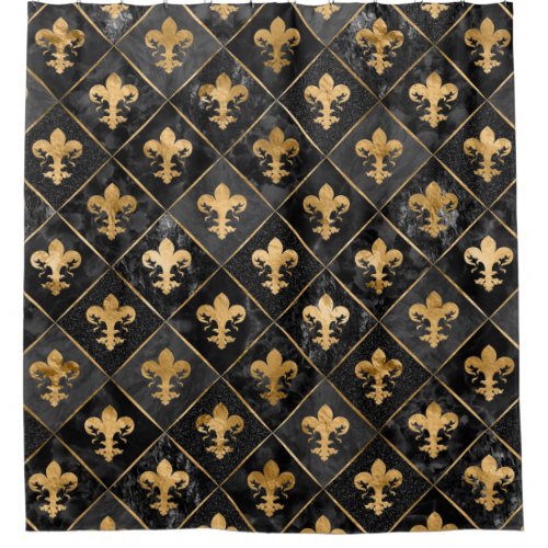 Fleur_de_lis pattern Black Marble and Gold Shower Curtain