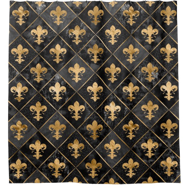 Fleur-de-lis pattern Black Marble and Gold Shower Curtain (Front)