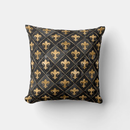 Fleur_de_lis pattern Black Marble and Gold Throw Pillow