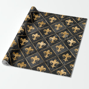 Fleur-de-lis pattern Black Marble and Gold Wrapping Paper
